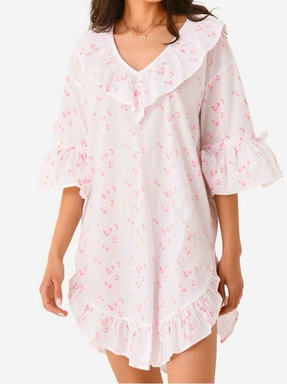 NWT Lenora Lily Cotton Poet Nightshirt In Pink Floral— Size Small 100% Cotton